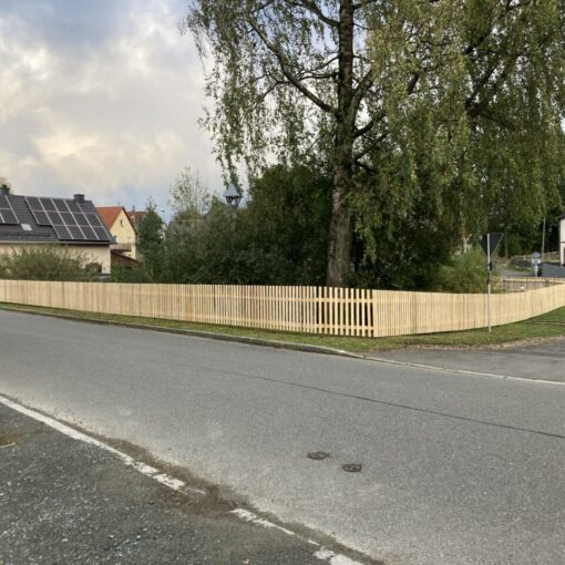 Blick auf den neuen Zaun um den Dorfteich.